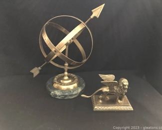 Amazing Brass and Marble 3D Globe Brass Winged Lion