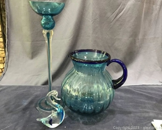 Bud Green Ice Tea Pitcher Gorgeous Tall Candle Holder Murano Swam