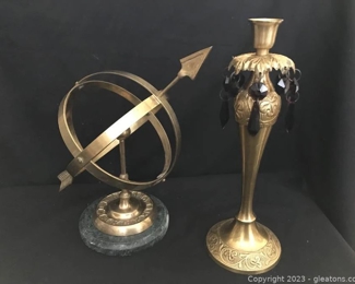 Charming Armillary Brass and Marble Sphere Sun Dial Brass Candleholder