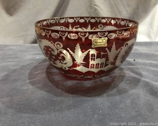 Elegant Egermann Red Cut To Clear Crystal Bowl Made in Czechoslovakia