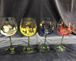 Fabulous Four Hand Painted Wine Glasses