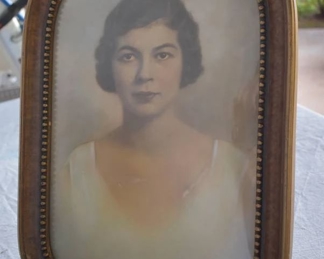 Heirloom Portrait Painting of Young Women From 1935 in Frame with Convex Glass