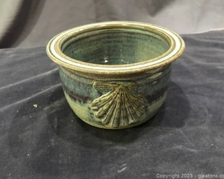 Handsome Handmade Pottery Glazed Pot Applied Scallop Design Signed