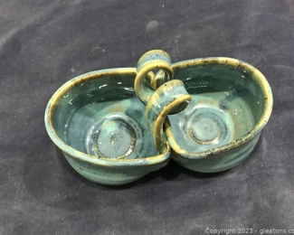 Stunning Stoneware Blue Double Dipper Condiment Dish Signed