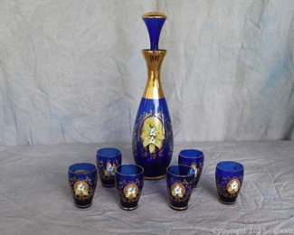 Venetian Cobalt Blue with Gold Trim and Applied Porcelain Flowers Decanter and 6 Shot Glasses