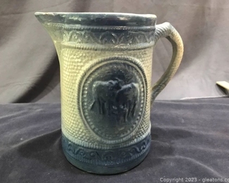 Vintage Salt Glazed Blue Grazing Cows American Stoneware Pitcher