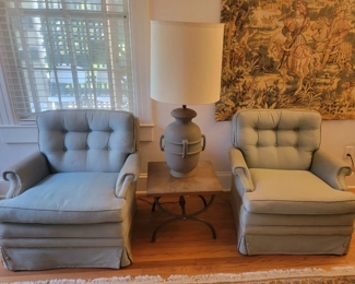 Pair of Matching Chairs (lighting was off the the chair that looks green, It is blue)