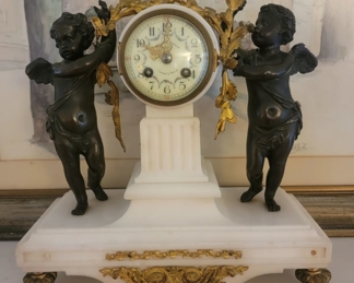 Antique French Marble Clock with Bronze Cherubs and gold guilting 