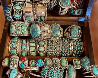 JEWELRY & any valuable Small Items are not on the premises prior to Sale time
Southwest Sterling/Turquoise is mostly signed pieces…Large Cuffs, Showy Rings Etc