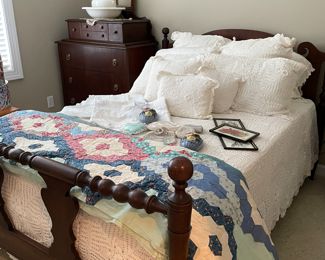 Antique full size bed & crocheted spread 