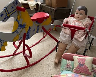 Vintage rocking horse, doll & stoller