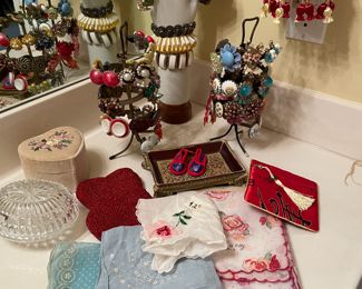 Vintage hankies, costume jewelry
