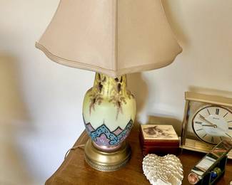 Beautiful Antique Hand Painted Vaseline Glass Lamp