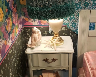 turquoise puffy shade lamp, side table