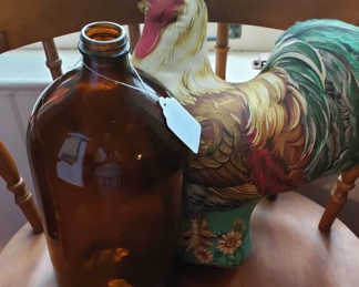 Vintage brown Clorox Bottle and stuffed rooster