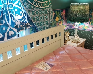 King size white headbaord, king size mattress/box springs, turquoise puffy shade lamp