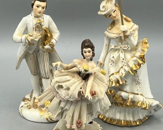 (3) Fine Figurines Incl Lefton
The two larger Victorian figurines are hand painted Lefton and the smallest one was made in Ireland