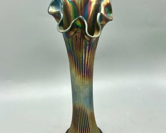 Blue Iridescent Ribbed Carnival Glass Vase
