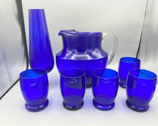 Cambridge Cobalt Blue Pitcher And (6) Cups
