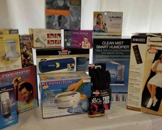 Spa Day Self Care
MatMassager 5-motor full body massager. Remington Paraffin Wax heat treatment collection still in box. Dr.Ho's Double Massage as seen on TV. The Beauty Clinic by Windmere. Waterproof Battery Heated Gloves. Artic 180 degree Ear Warmers. Ear Mitts as seen on TV. Air Innovations Ionic Air Freshener and Clean Mist Smart Humidifier still in their boxes. AromaSpa Diffuser still in box. Thera-P Magnetic Therapy Roll still in box. MyPurMist handheld steam inhaler still in box. Clarisonic Skin Care System still in box. Flowbee as seen on TV still in origional box. 