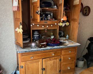 Antique Hoosier cabinet with Slag Glass
