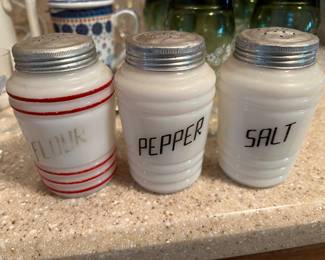 Vintage Hazel Atlas Milk Glass Beehive Salt & Pepper & Flour shakers