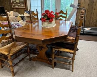 octagonal dining table; ladderback chairs