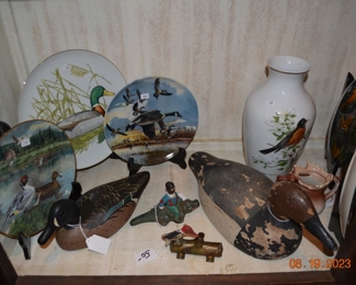 antique wooden duck decoy, antique cast iron figurines (motion)