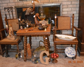 Antique oak rope leg table and matching arm chairs - cane bottom and back