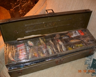 vintage tackle box full of lures and such