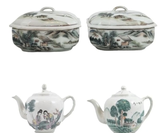 Asian Porcelain Landscape Tea Pots & Trinket Boxes