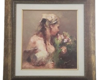 Hua Chen Gathering Flowers Hand Embellished Giclee