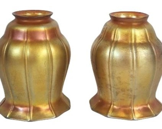 Two Quezal Iridescent Marigold Glass Lamp Shades