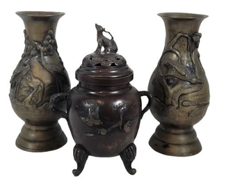 Lot of Two Chinese Brass Vases & One Bronze Censer