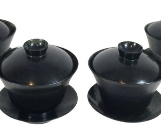 4 Vintage Chinese Soapstone Tea Bowls with Lids