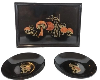 Vintage Couroc Black Lacquer Mushroom Tray & Bowls