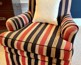 SOLD: 32" x 30" x 32" (chair); 30" x 23" x 16" (ottoman); pair of custom upholstered armchairs with ottoman                                                                                               $48; 13" x 13"; dragon pillow with butterfly on reverse side 