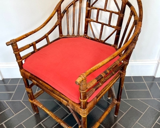 SOLD each (2 available); 24" x 20" x 36"; Brighton  bamboo chair with caned seat and custom cushion, darker finish. 
