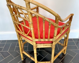 $350 each (4 available); 24" x 20" x 36"; Brighton natural color bamboo chair with caned seat and custom cushion