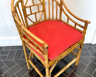$350 each (4 available); 24" x 20" x 36"; Brighton natural color bamboo chair with caned seat and custom cushion