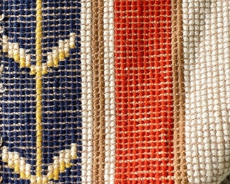 $2000; approx 6.5' x 8.5'; Rug #1; Amazing Kilim rug with a geometic flat weave with bold colors that is a true fusion of style--can be modern or classic, excellent condition; close up of back side to show knotting