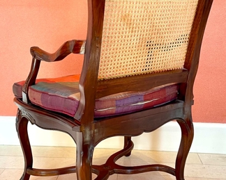 SOLD; 16" x 19" x 38"; caned Louis XV period armchair with custom Shantung, color-block plaid, silk cushion; view from back