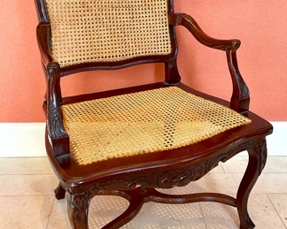 SOLD; 16" x 19" x 38"; caned Louis XV period armchair with custom Shantung, color-block plaid, silk cushion; view without cushion