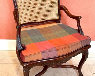 SOLD-- 16" x 19" x 38"; caned Louis XV period armchair with custom Shantung, color-block plaid, silk cushion