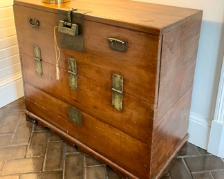 SOLD; 36.5" x 17" x 31.5"; antique Korean, drop-front chest with brass accents and key