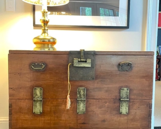 SOLD; 36.5" x 17" x 31.5"; antique Korean, drop-front chest with brass accents and key. 