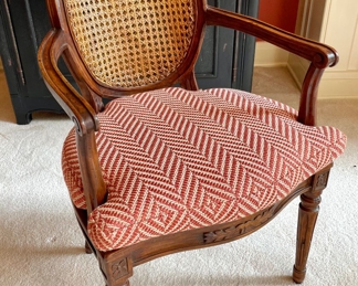 $500 each (2 available); 23" x 18" x 36"; Italian-crafted elegant arm chair with double-caned back, caned seat, custom cushion and carved details                                                           $400 each (8 available); 21" x 17" x 36"; matching Italian-crafted dining chairs with double-caned back, caned seat, custom cushion and carved details