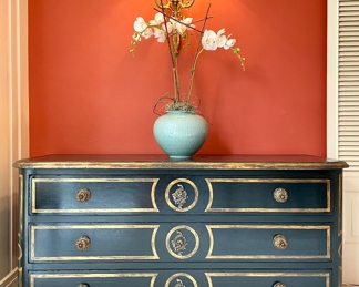 $2200; 59" x 22" x 30"; Exquisite and unique black linen chest with 3 locking drawers with keys, full-extension hardware and bold pulls                                                                                     $150; 23" x 32"; beautiful faux orchid