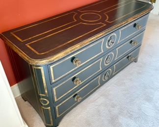 $2200; 59" x 22" x 30"; Exquisite and unique black linen chest with 3 locking drawers with keys, full-extension hardware and bold pulls