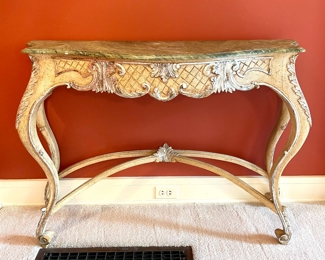 $600 /each (2 available); 47" x 18" x 33"; hand-crafted, distressed side table in the style of Karges Custom Furnishings with multi-layered colors and verdi green painted, marble-look PAINTED top, circa 1970s